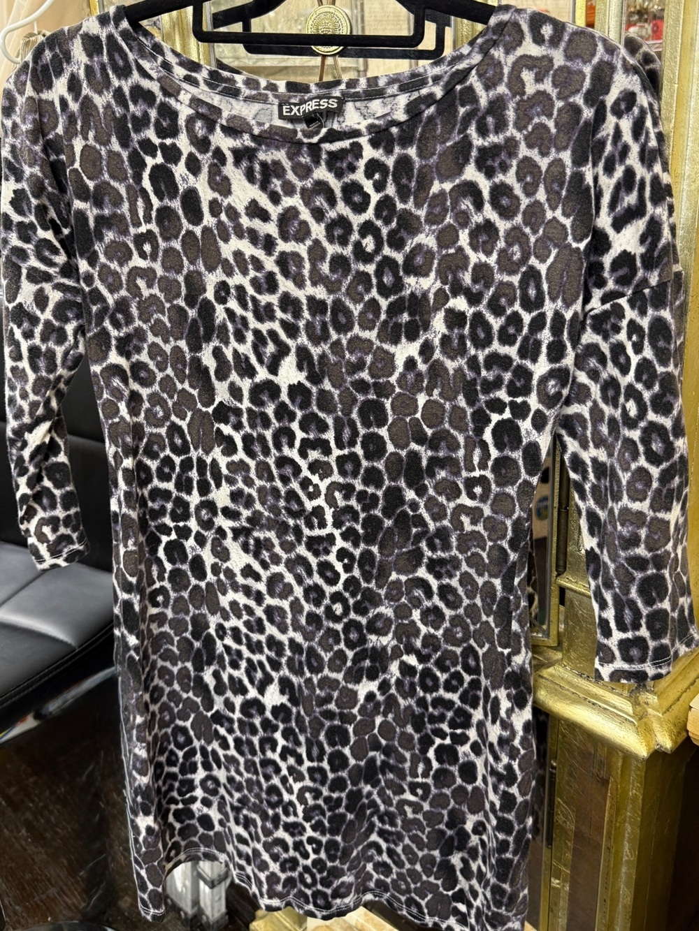 Express Gray Black Leopard Print Boat Neck Tunic Top Knit 3/4 Sleeve